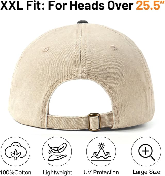 Detalle 2 de Zylioo XL/XXL Washed Cotton Baseball Cap (Big Heads) with Adjustable Back Closure