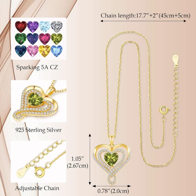 Detalle de llyish Collier femme or avec pendentif cœur — chaîne argent 925 et pierres de naissance, idée cadeau