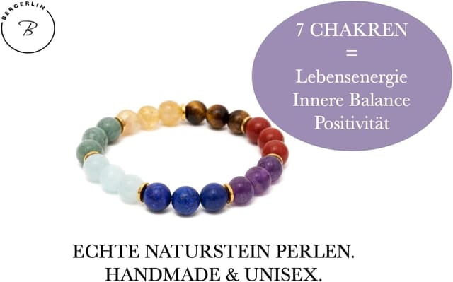 Detalle de BERGERLIN 7 Chakra Armband aus Naturstein & Lavastein – mit Echtheitszertifikat (für Damen & Herren, verstellbar)