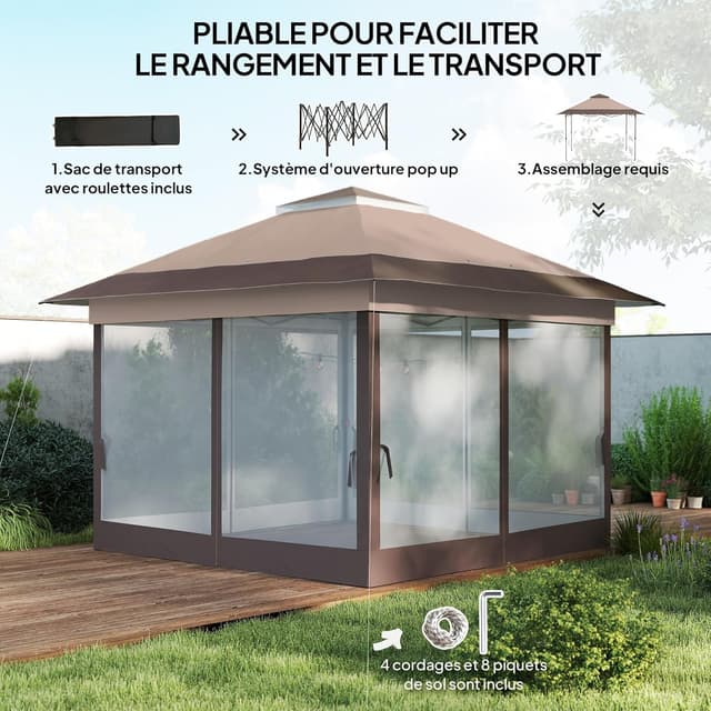 Detalle 2 de Outsunny Tonnelle de jardin pliante 3,6x3,6 m à double toit avec moustiquaires et sac de transport à roulettes