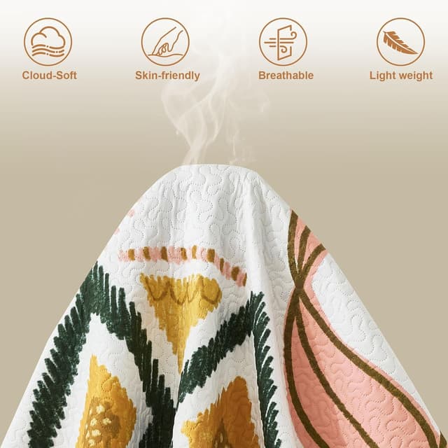 Detalle de Tyrot 3-Piece Boho Floral Quilt Set (Full/Queen) with Reversible Coverlet & 2 Shams, 90 x 96 in