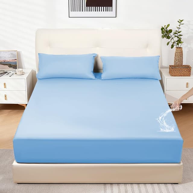 Detalle de DUJUIKE 100% wasserdichtes Spannbettlaken als Matratzenschoner Himmelblau (200 x 220 cm)