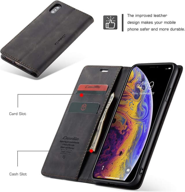 Detalle 2 de Cracedily Klapphülle aus Leder für iPhone XS Max mit Kartenfächern, Magnet & Standfunktion (Schwarz)