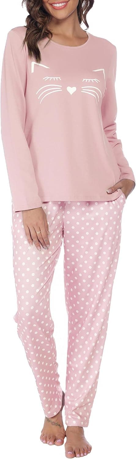 Detalle de Reliwel Damen-Schlafanzug Lang aus Baumwolle – Pyjama-Set mit Langarm-Oberteil und langer Schlafanzughose