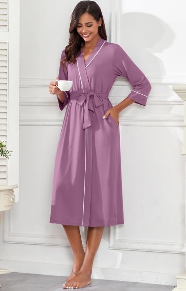 Detalle de Women’s PrinStory kimono-style dressing gown robe with 3/4 sleeves, pockets and fixed belt