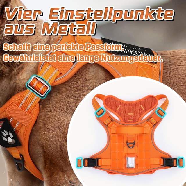 Detalle de rabbitgoo Hundegeschirr M (mittelgroße bis große Hunde) verstellbar, Anti-Zug, mit Metallschnallen und Tragegriff – Orange