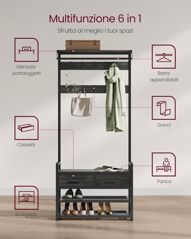 Detalle de VASAGLE HSR429B04 appendiabiti da ingresso mobile con 10 ganci rimovibili, 2 cassetti e panca scarpiera