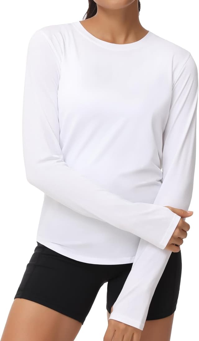 Detalle de THE GYM PEOPLE women’s long sleeve workout shirts with thumb holes – crewneck hiking and gym tops