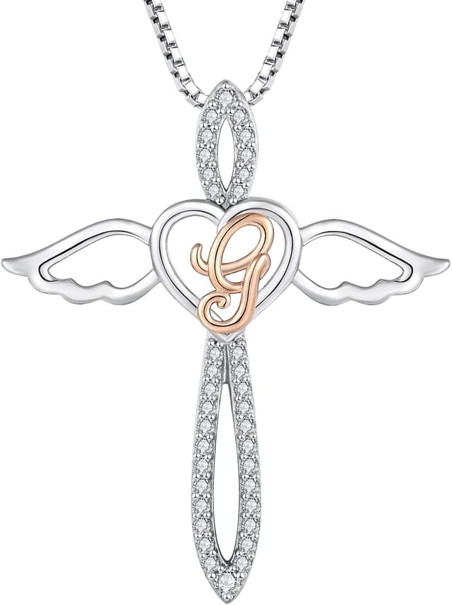 Detalle de FJ Letter Initial Necklace in 925 Sterling Silver with Guardian Angel & Initial Pendant