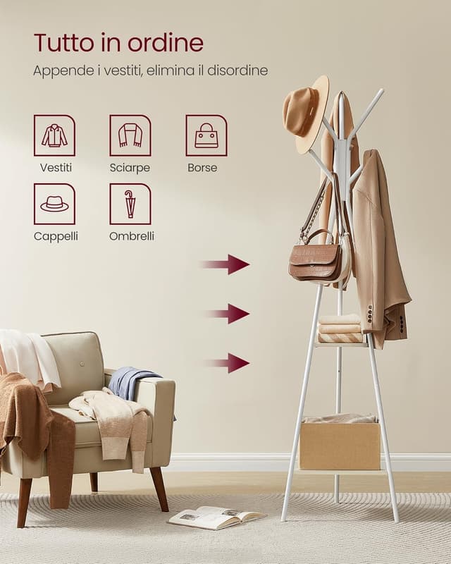 Detalle de VASAGLE RCR016N01 appendiabiti da terra con 2 ripiani