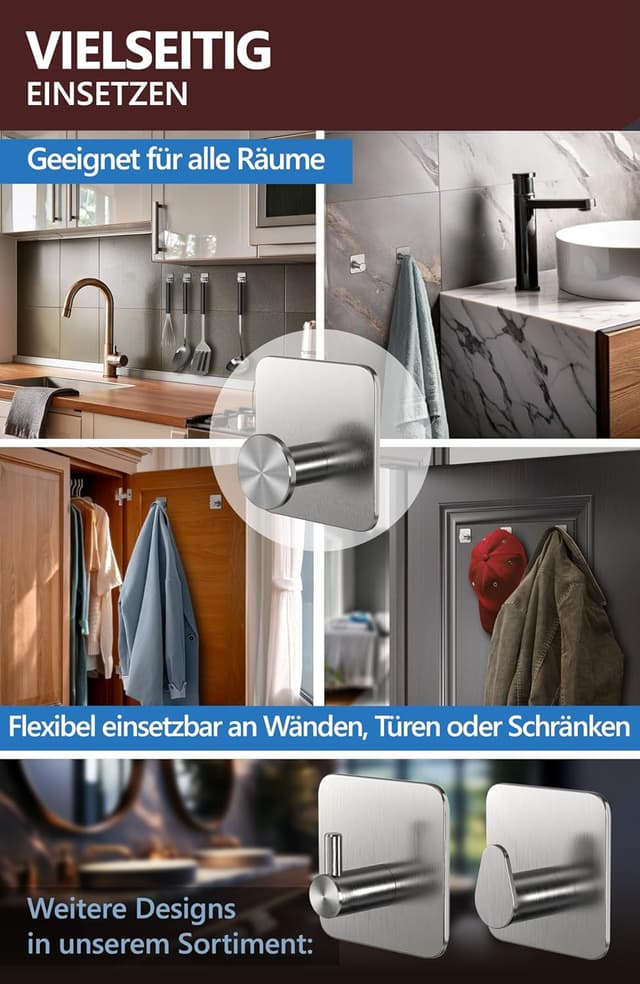 Detalle de 4smile Handtuchhalter ohne Bohren (6 Stück) aus Edelstahl – selbstklebende Klebehaken in Silber