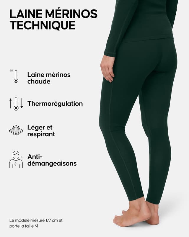 Detalle de DANISH ENDURANCE Leggings thermiques en laine mérinos pour femmes (sous-vêtements de base chauds)