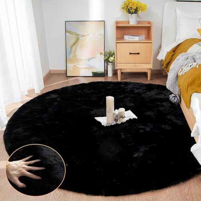 Detalle de ORINOVA 6ft Round Faux Rabbit Fur Rug (Machine Washable, Black) for Bedroom & Living Room
