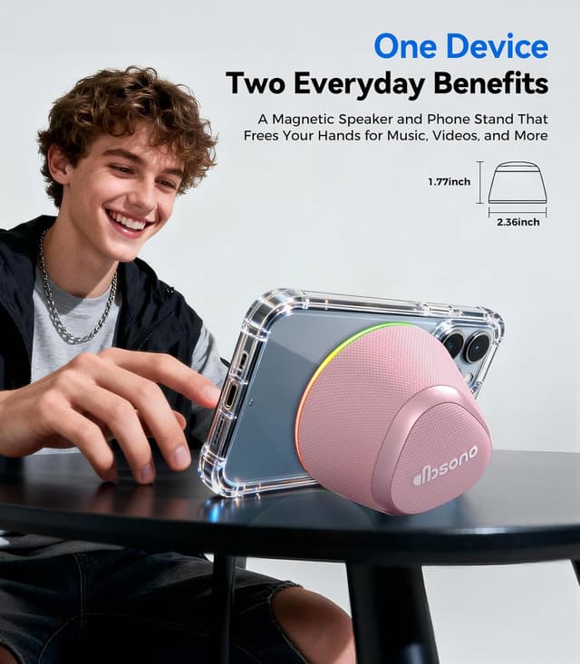 Detalle 2 de Portable 2-in-1 Bluetooth Speaker Phone Stand (Magnetic) with IPX5, 9 Light Modes & TWS – Rose Pink