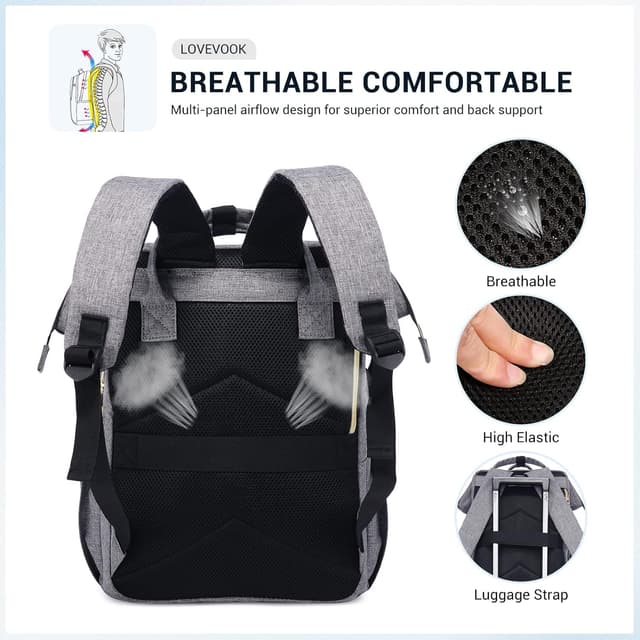 Detalle de LOVEVOOK Women’s Laptop Backpack (Grey) with USB Port, Anti-Theft Pocket – Large 15.6 Inch Work & Travel Rucksack