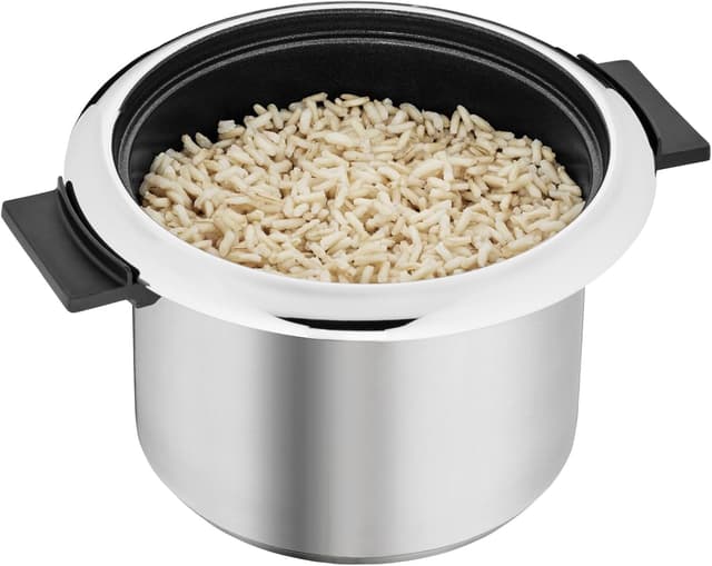 Detalle 1 de WMF Küchenminis Reiskocher 220 W mit Lunch-to-go-Box, Cromargan matt – Mini-Dampfgarer für bis zu 1 l