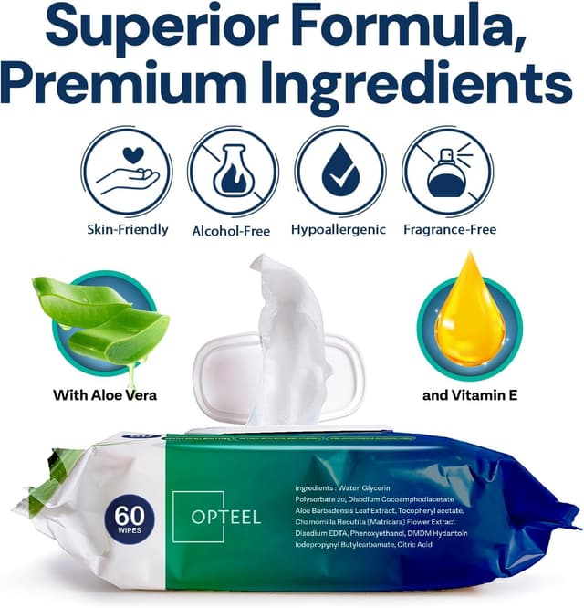 Detalle 2 de OPTEEL Extra-Large Adult Wet Wipes (8" x 13") for Elder Care & Incontinence, Pre-Moistened with Vitamin E & Aloe