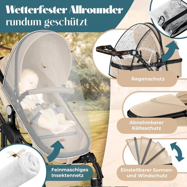 Detalle de KESSER Loops 4-in-1 Kombikinderwagen Set inkl. Babywanne, Sportsitz, Babyschale, Wickeltasche & mehr – Beige/Schwarz