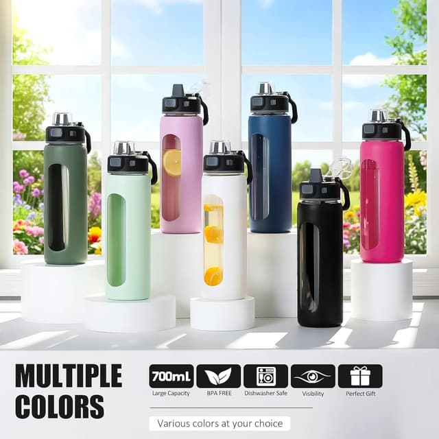 Thumbnail 6 de BLUEGO Glas-Wasserflasche 600 ml mit 2 Deckeln & Zeit-Skala (Borosilikat, BPA-frei) – hellblau