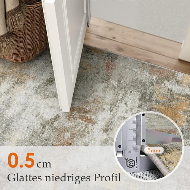 Detalle de PureCozy Abstraktes Wohnzimmer-Teppich-Set 240 x 300 cm (Vintage, waschbar, rutschfest, Orange-Grau)