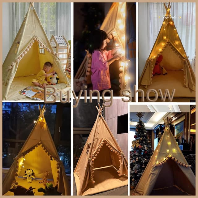 Detalle de RONGFA Kids Teepee Tent Indoor Play Cottage with Floor Mat, Star Light & Carry Bag