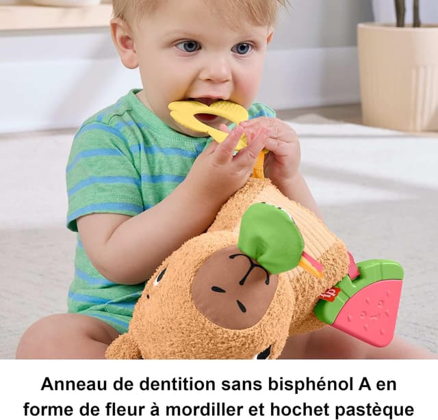 Detalle 2 de Fisher-Price Mon Capybara Câlins (HYR54) : peluche sensorielle avec anneau de dentition et hochet