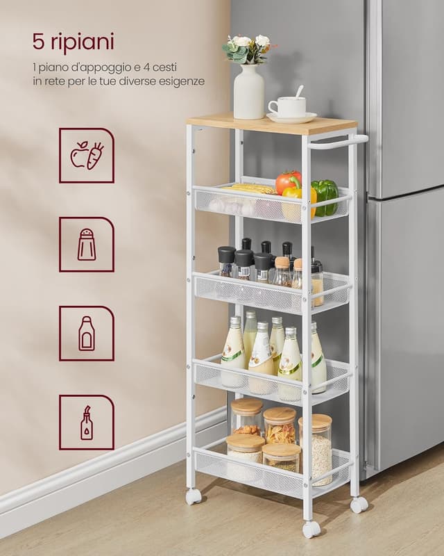 Detalle de VASAGLE Carrello a 5 ripiani LRC035W09 salvaspazio beige rovere e bianco con ruote