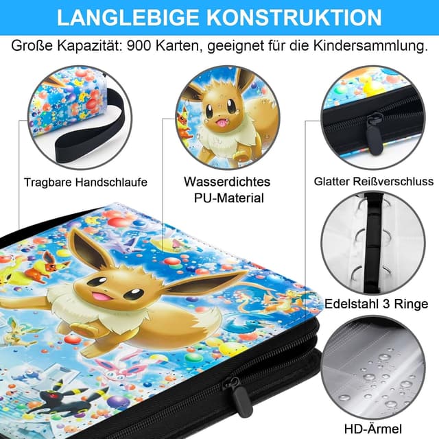 Detalle de Karten Sammelalbum für Pokémon Karten – 900 Karten Kapazität, 9-Taschen PU-Leder, wasserdicht mit Reißverschluss