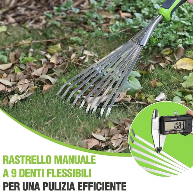 Detalle de WORKPRO Rastrello a mano 41 cm per foglie con 9 denti in acciaio inox e impugnatura ergonomica