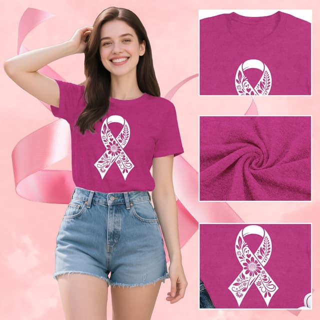 Detalle 2 de Qskall Breast Cancer Awareness T-Shirt for Women with Pink Ribbon Floral Design