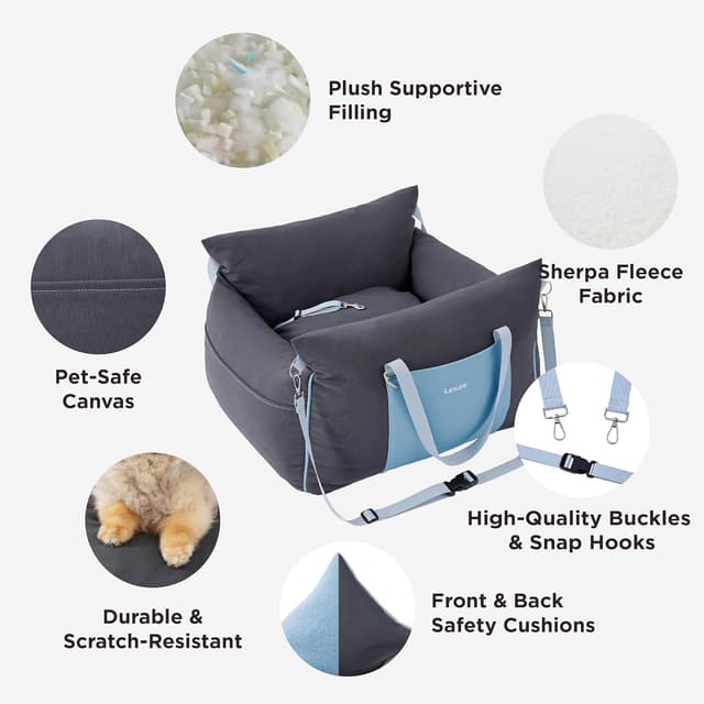 Detalle 2 de Lesure Dog Car Seat for Medium Dog (Waterproof Booster) with Storage Pockets, Clip-On Leash & Memory Foam Filling – Tornado, 58x56x33cm