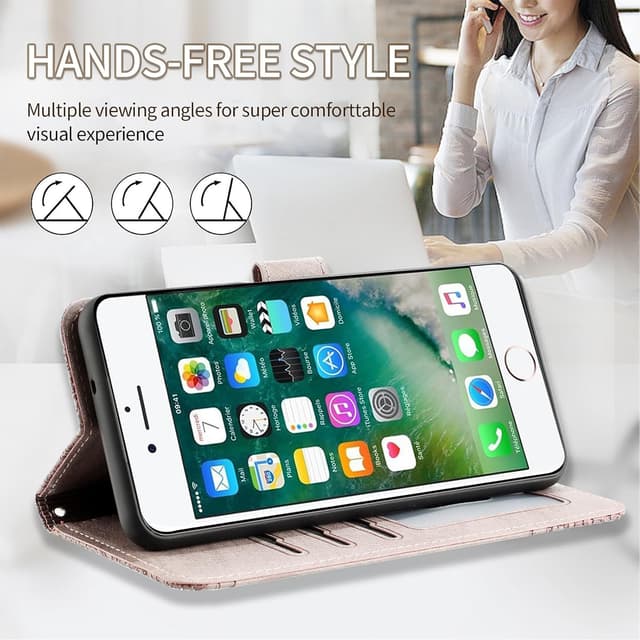 Detalle de FALUWONRU Klapphülle für iPhone SE 2022/SE 2020 sowie iPhone 7/8 (4,7") mit Magnetverschluss, Kartenfächern und Standfunktion – Rosa Lila