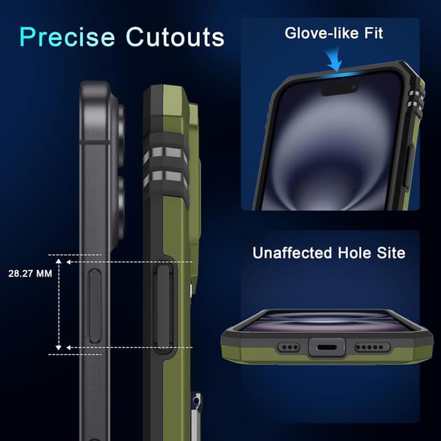 Detalle de DEERLAMN iPhone 16 Armor Case with Sliding Camera Cover, Rotating Ring Kickstand + Tempered Glass Screen Protector (2-Pack)