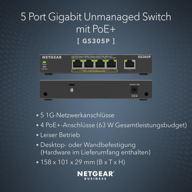 Detalle 2 de NETGEAR GS305P switch Ethernet unmanaged PoE+ a 5 porte (4 PoE+ fino a 63 W)