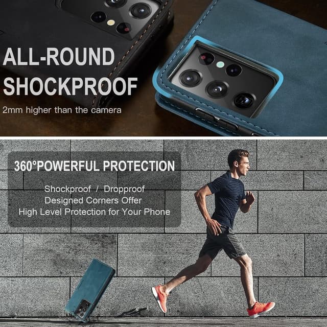 Detalle de Cracedily for Samsung Galaxy S21 Ultra leather flip wallet case with card holder, magnetic closure and kickstand (Blue-Green)