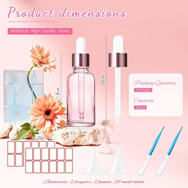 Detalle de Guilinone 24 x 30ml Glass Dropper Bottles (pink, 24-pack) with Labels, Plastic Pipettes & Funnels