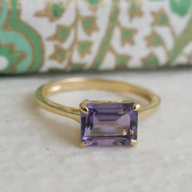 Detalle 2 de Baguette Amethyst Ring aus 925 Sterling Silber vergoldet – Größe US 8 (Ø 18,2 mm)
