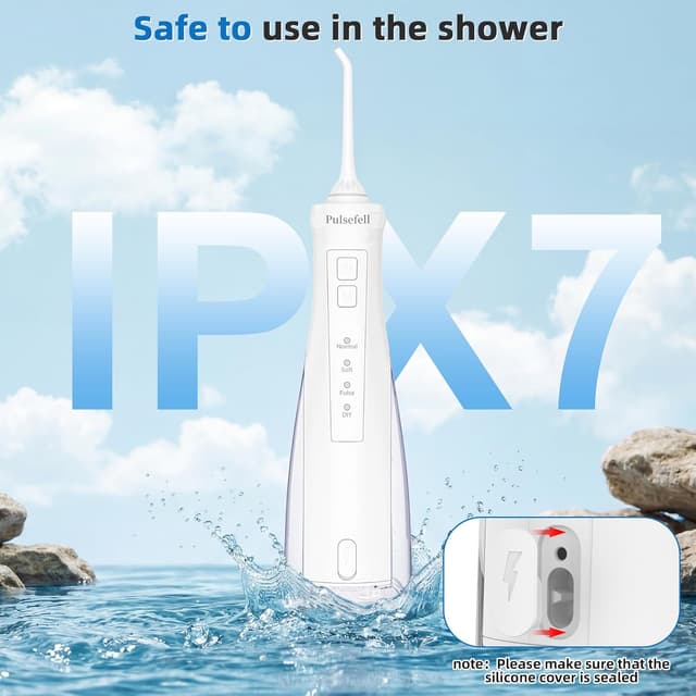 Detalle 2 de Pulsefell Idropulsore dentale portatile ricaricabile 300 ml con 4 modalità e IPX7 (bianco)