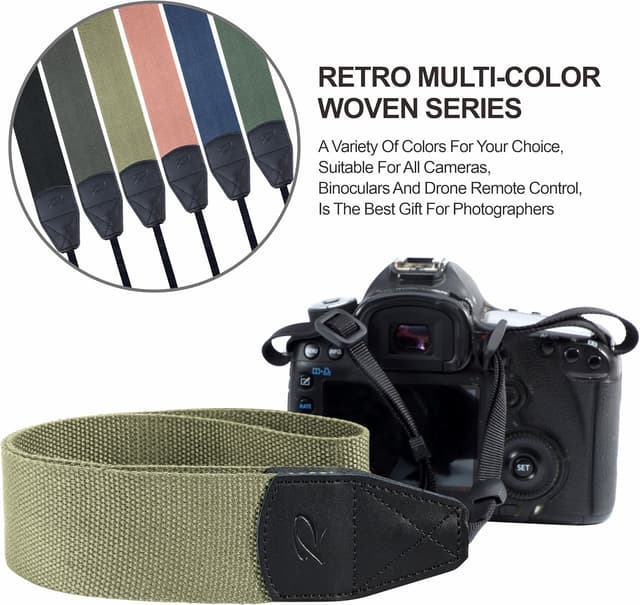 Detalle de Padwa Lifestyle Light Green Camera Strap (2-inch wide) – cowhide head cotton-woven vintage-style strap for photographers