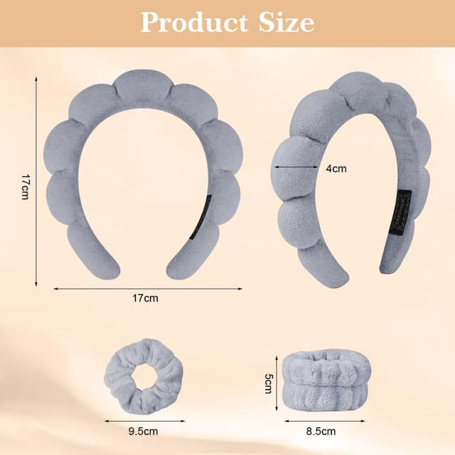 Detalle 2 de Alaoo Fascia Capelli Donna Trucco: set da 4 pezzi per lavare il viso, applicare il trucco e fare la doccia (grigio)