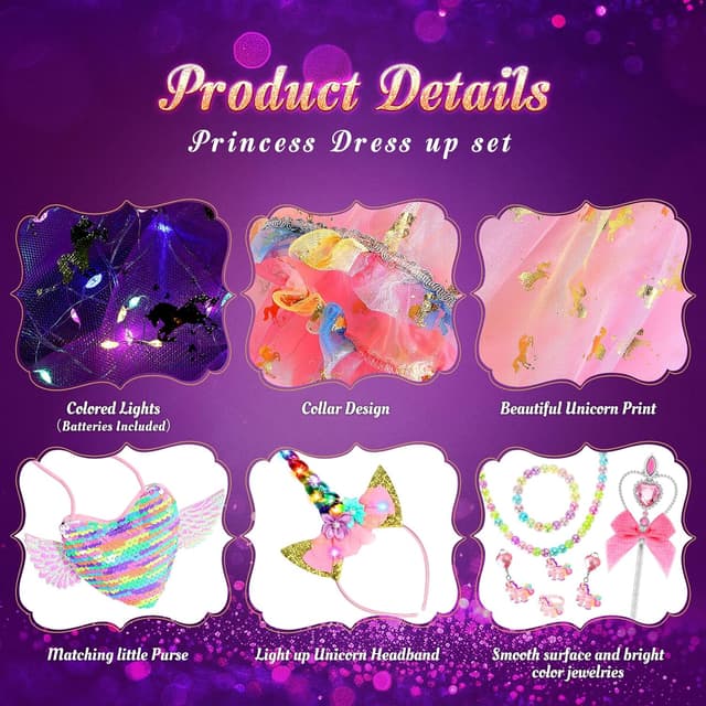 Detalle de Fedio Princess Unicorn Light-Up Dress Up Cape Set for Girls (Ages 3–8)
