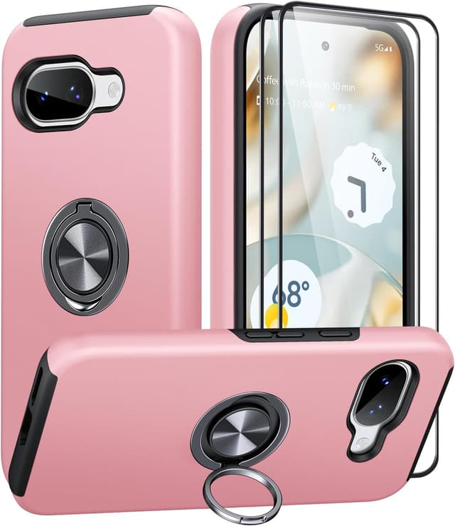 Detalle de AOUIA 360° Metal Ring Stand Case (2-pack tempered glass screen protectors) for Google Pixel 9A, Pink