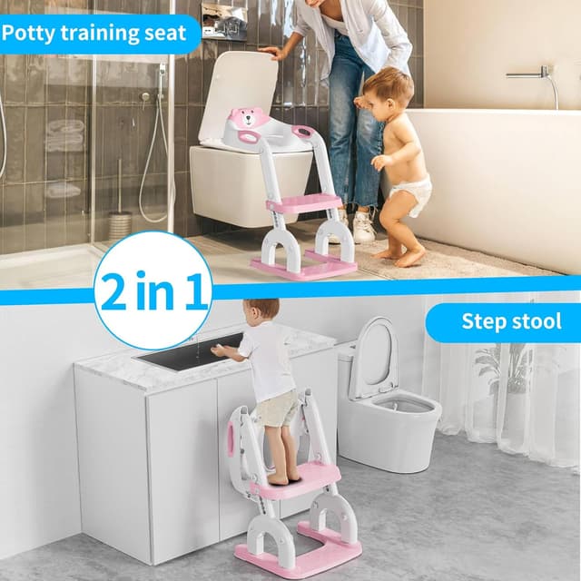 Detalle de Toilettensitz Kinder mit Treppe (2-in-1) – höhenverstellbar für Jungen & Mädchen, Rose Drei Treppe