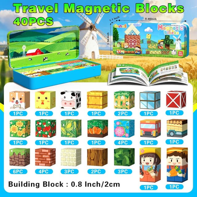 Detalle 2 de Mini Magnetic Blocks Farm Magnetic Building Cubes Set (40 Pieces) with Portable Iron Box