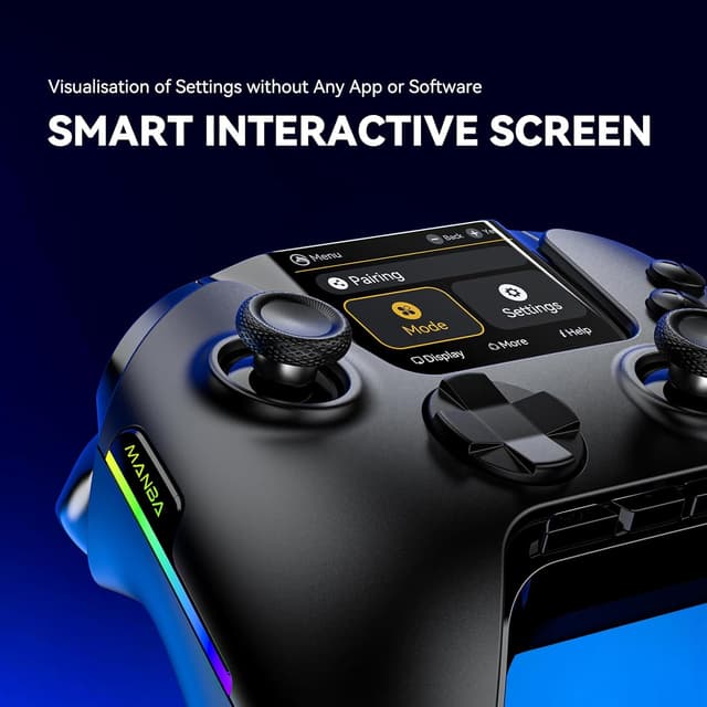 Detalle 2 de FIEHDUW NO DRIFT ManbaOne — manette interactive à écran, joysticks à effet Hall et station de charge pour PC/Switch/iOS/Android