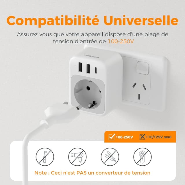 Detalle de TESSAN Adaptateur prise Australie/Chine vers France avec 1 USB-C et 2 USB-A (2500 W max)