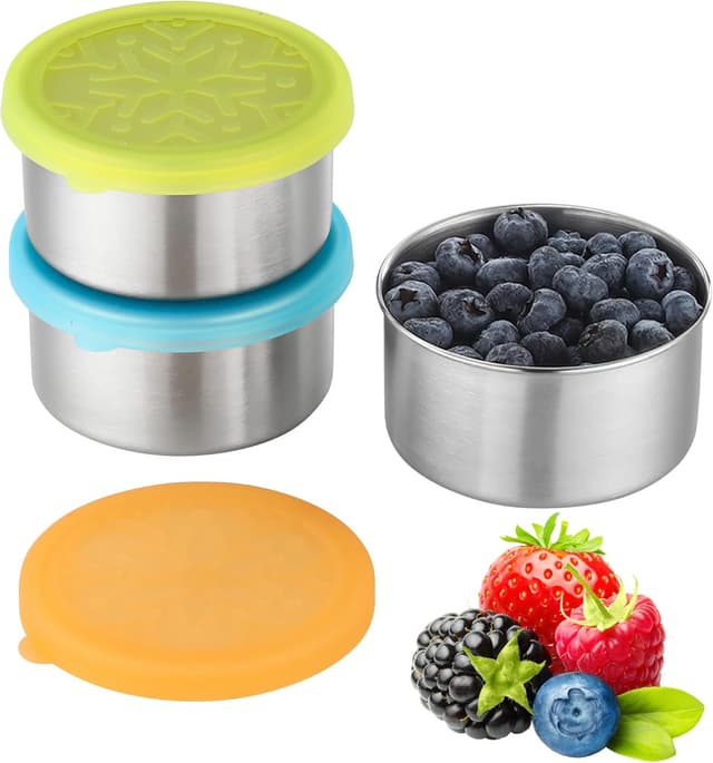 Detalle de Misichao 3pc Stainless Steel Snack Pots with Silicone Lids (220ml) – leakproof reusable bento-style storage