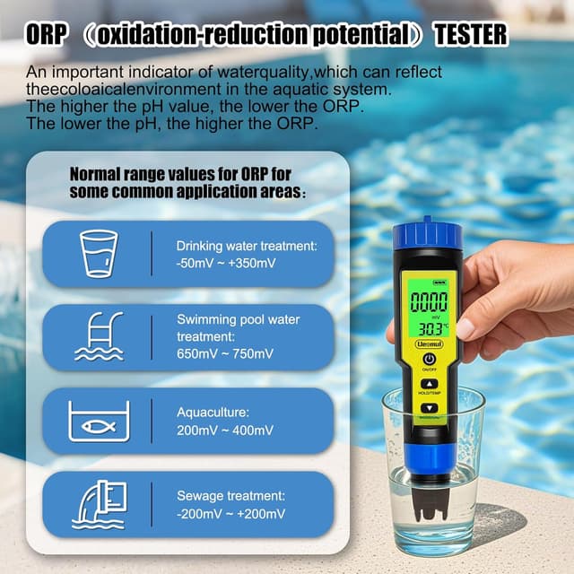 Detalle de Ueomul pH chlore mètre 7 en 1 : testeur qualité de l’eau piscine (FAC) avec ATC, étanche IP67