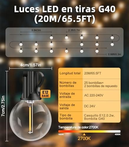 Detalle 2 de SAEIHGAE guirnalda de luces exterior LED 20 m con bombillas G40, IP44 e iluminación ampliable
