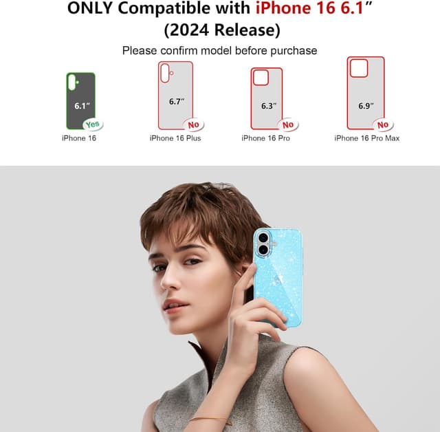 Detalle 2 de AROYI 3 in 1 Clear Glitter Case for iPhone 16 (6.1") with 2x Tempered Glass Screen Protectors, Blue